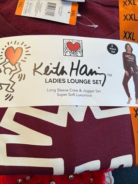 Keith Haring NWT  Women's Burgundy Long Sleeve Crew & Jogger Lounge Set